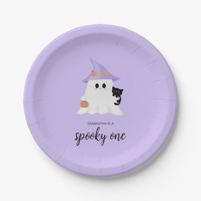 Purple Cute Ghost Halloween 1st Birthday Party Paper Plates (Front)