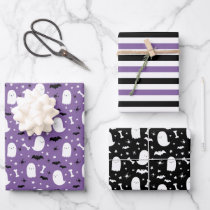 Purple Cute Ghosts & Bats Orange Halloween Wrapping Paper Sheets