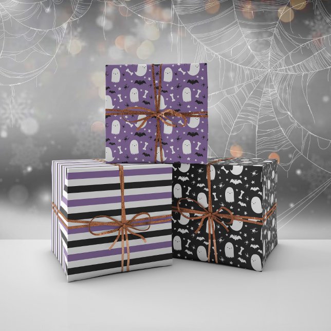 Purple Cute Ghosts & Bats Orange Halloween Wrapping Paper Sheets (Creator Uploaded)