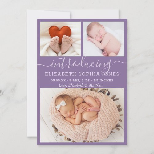 Purple Cute Girl Birth Announcement Photo Collage