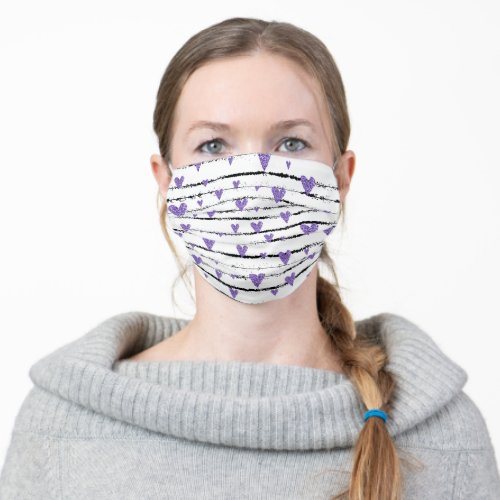 Purple cute hearts black strings whimsical white adult cloth face mask