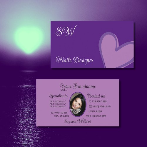 Purple Cute Lilac Heart with Monogram and Photo Business Card
