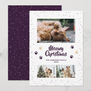 Purple Cute Meowy Christmas Snow Photo Holiday Card