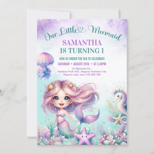 Purple cute mermaid 1st birthday girl watercolor invitation