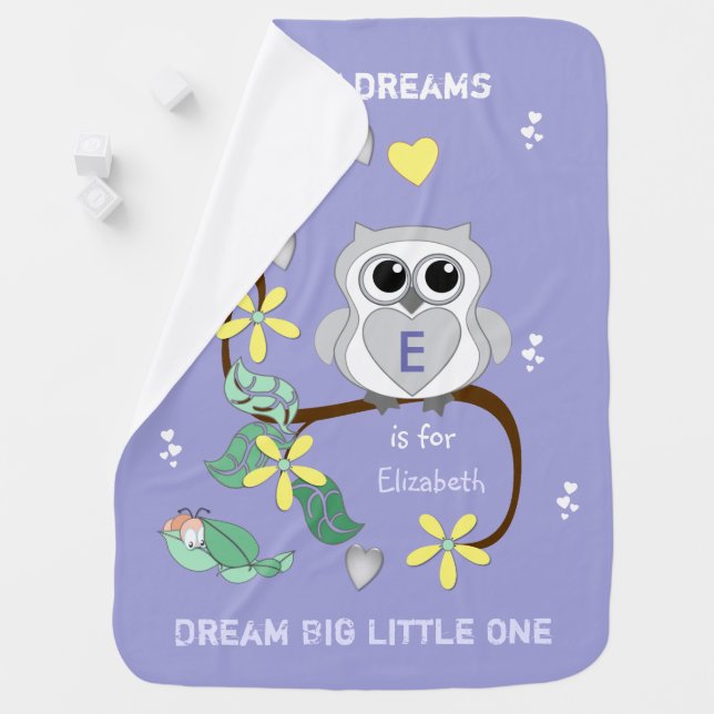 Purple cute owl and caterpillar with a name stroller blanket (In Situ)