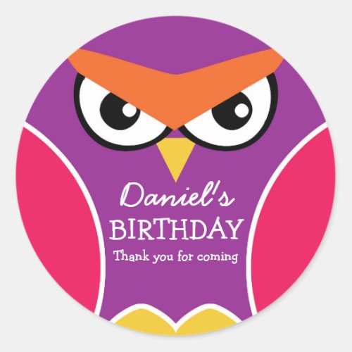 Purple Cute Owl Birthday Party Favor Sticker