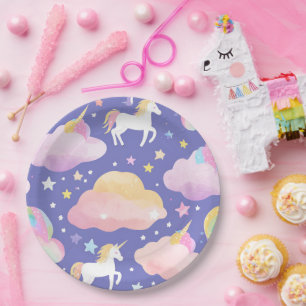 Purple Cute Rainbow unicorn birthday girls kids Paper Plates