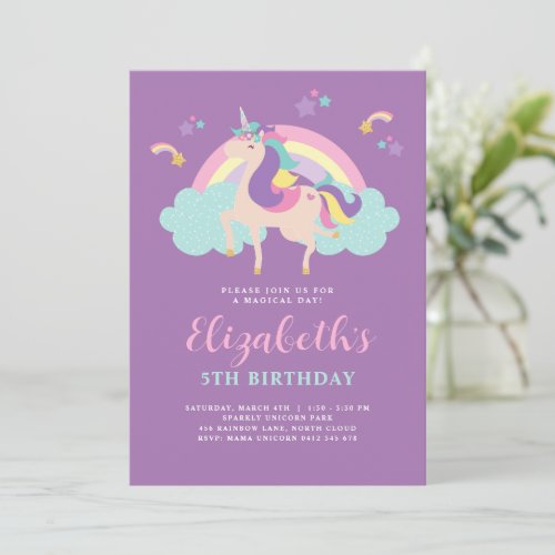 Purple Cute Rainbow Unicorn Personalised Birthday Invitation