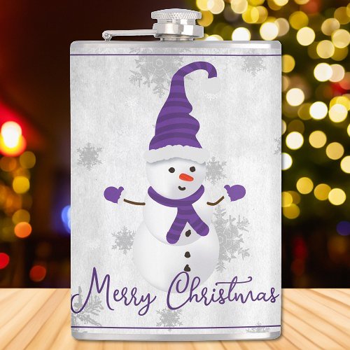 Purple Cute Snowman Holiday Flask