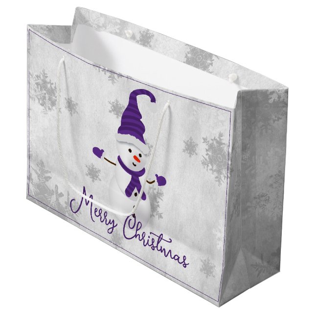 Purple Cute Snowman Holiday Gift Bag (Front Angled)