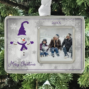 Purple Cute Snowman Holiday Photo Christmas Ornament