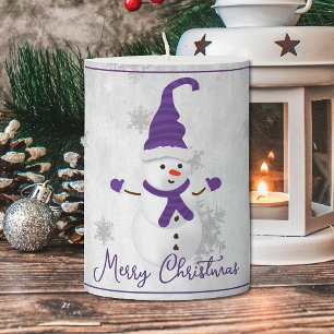 Purple Cute Snowman Holiday Pillar Candle