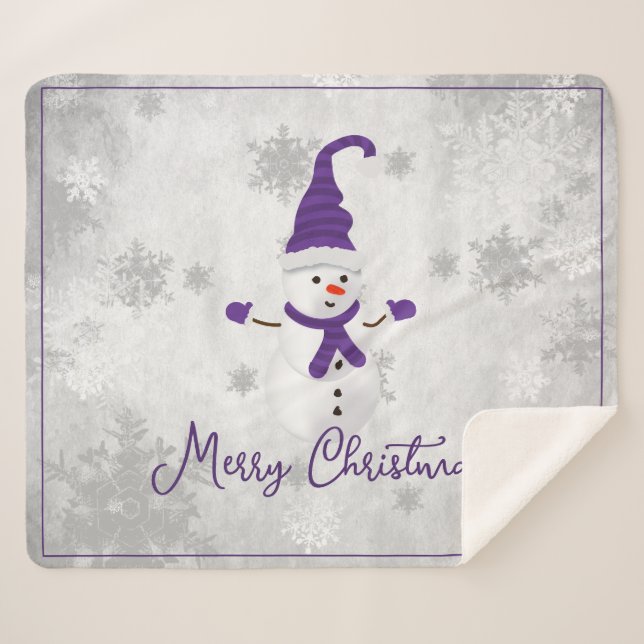 Purple Cute Snowman Holiday Sherpa Blanket (Front (Horizontal))