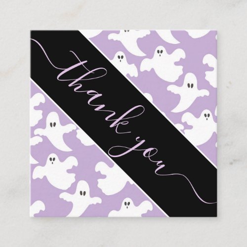 Purple Cute Spooky Ghost Pattern Thank U Halloween Square Business Card