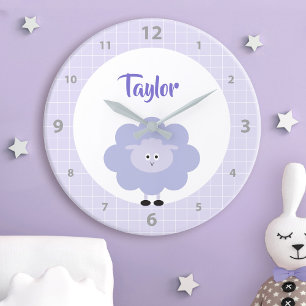 Purple Cute Sweet Lamb Kids Nursery Custom Name Round Clock