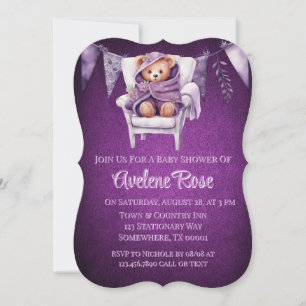 Purple Cute Teddy Bear Girl Baby Shower Invitation
