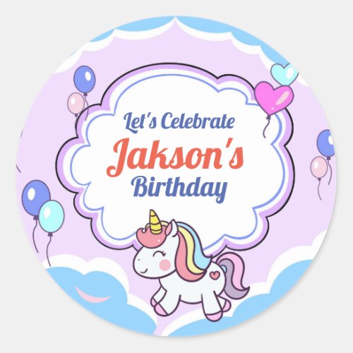 Purple Cute Unicorn Birthday Party StickerLabel S Classic Round Sticker