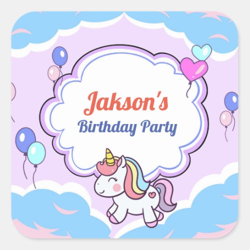 Purple Cute Unicorn Birthday Party StickerLabel Square Sticker