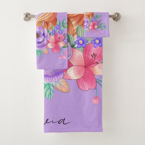 Purple Cute Unicorn With Florals Monogram Bath Towel Set