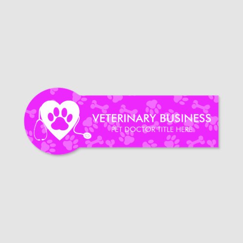 Purple Cute Veterinarian Paw Heart Stethescope Pet Name Tag