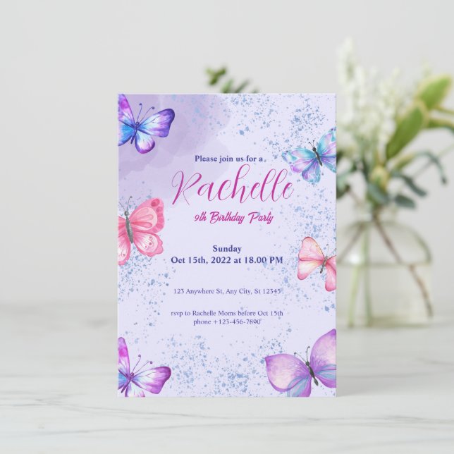 Purple Cute Watercolor Birthday Invitation Card (Standing Front)