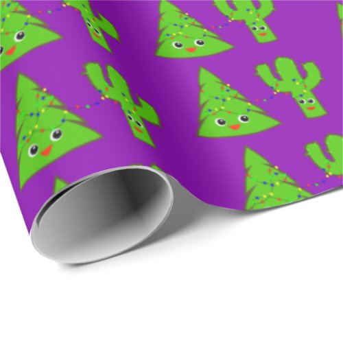 Purple Cute Xmas Tree Cactus Funny Christmas Wrapping Paper