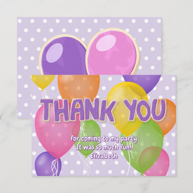 purple cutout cookies balloons birthday thank you card (Front/Back)