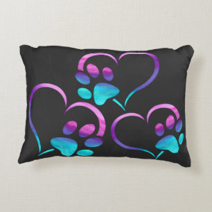 Purple Cyan Dog paw Print Heart  Accent Pillow