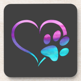 Purple Cyan Dog paw Print Heart  Beverage Coaster