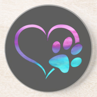 Purple Cyan Dog paw Print Heart Coaster