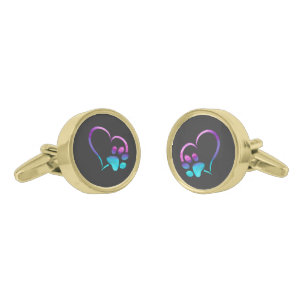 Purple Cyan Dog paw Print Heart Cufflinks
