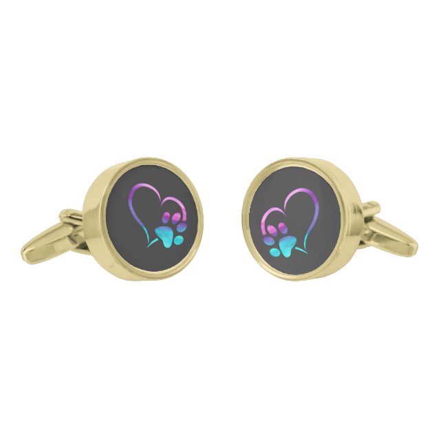 Purple Cyan Dog paw Print Heart  Cufflinks (Angled)