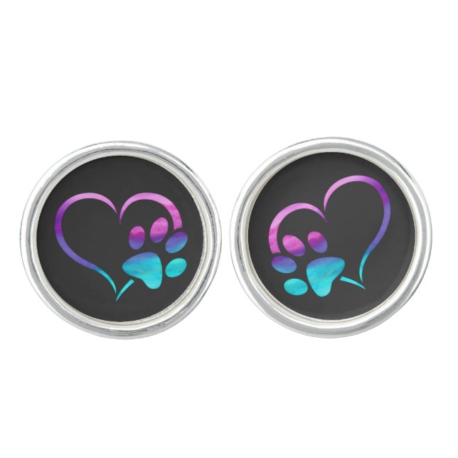 Purple Cyan Dog paw Print Heart  Cufflinks (Front)