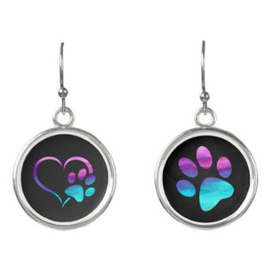 Purple Cyan Dog paw Print Heart  Earrings