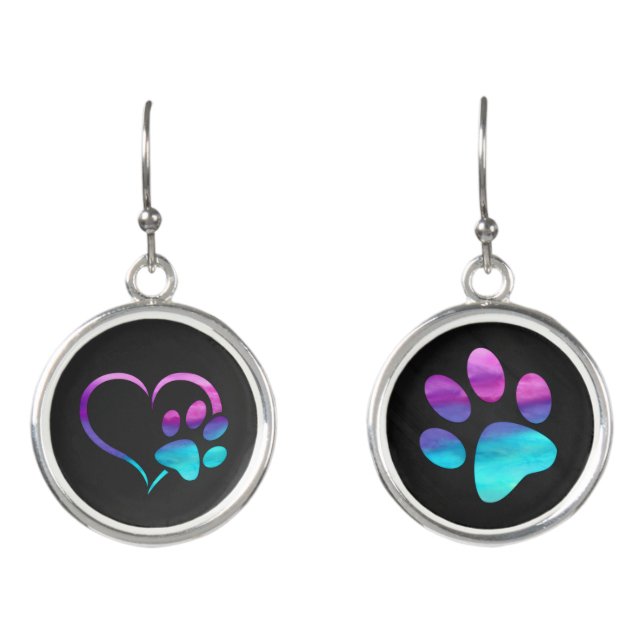 Purple Cyan Dog paw Print Heart  Earrings (Front)