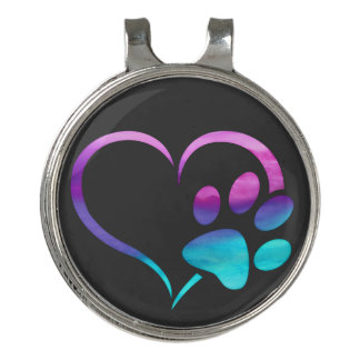 Purple Cyan Dog paw Print Heart Golf Hat Clip