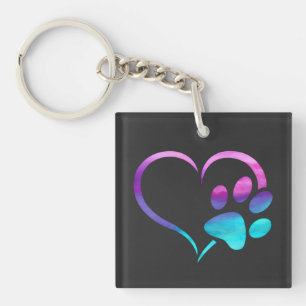 Purple Cyan Dog paw Print Heart  Keychain