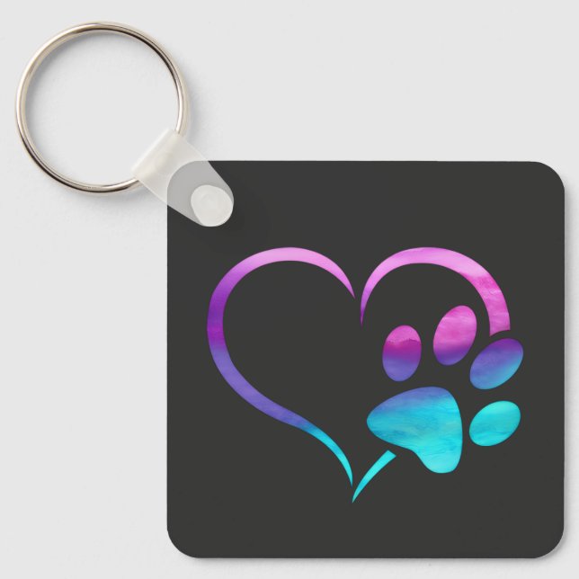 Purple Cyan Dog paw Print Heart  Keychain (Front)