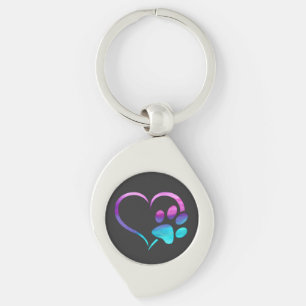 Purple Cyan Dog paw Print Heart  Keychain