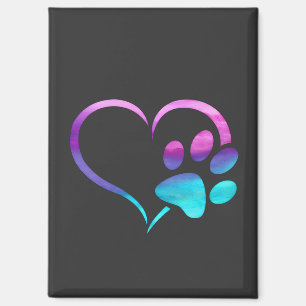 Purple Cyan Dog paw Print Heart Magnet