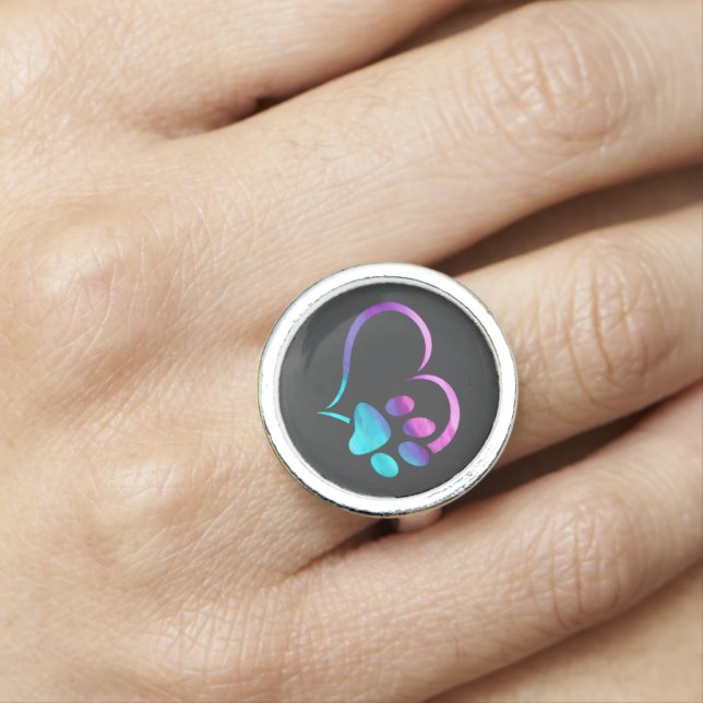 Purple Cyan Dog paw Print Heart  Ring (In Situ)