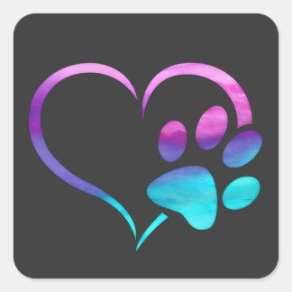 Purple Cyan Dog paw Print Heart Square Sticker