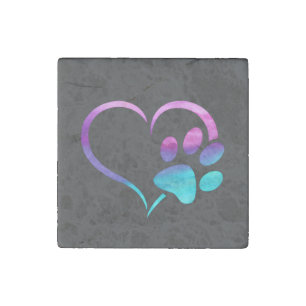 Purple Cyan Dog paw Print Heart Stone Magnet