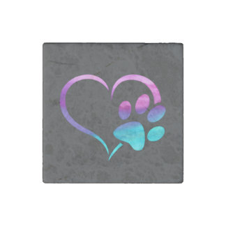 Purple Cyan Dog paw Print Heart Stone Magnet