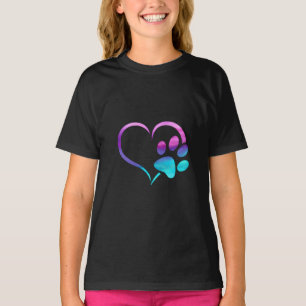 Purple Cyan Dog paw Print Heart T-Shirt