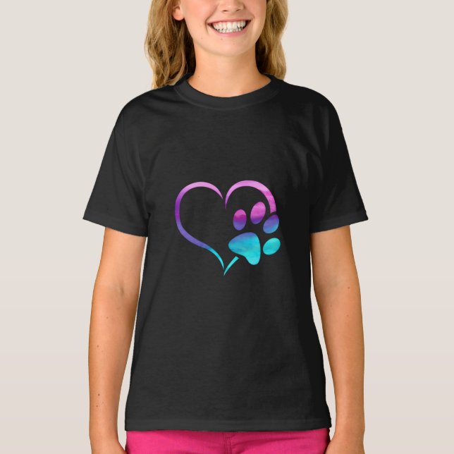 Purple Cyan Dog paw Print Heart  T-Shirt (Front)