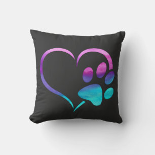 Purple Cyan Dog paw Print Heart  Throw Pillow