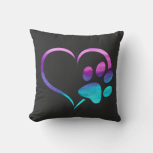 Purple Cyan Dog paw Print Heart  Throw Pillow