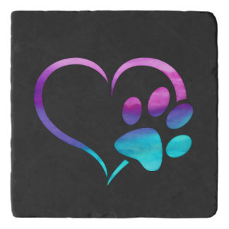 Purple Cyan Dog paw Print Heart Trivet