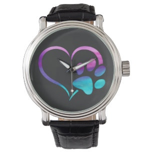 Purple Cyan Dog paw Print Heart  Watch